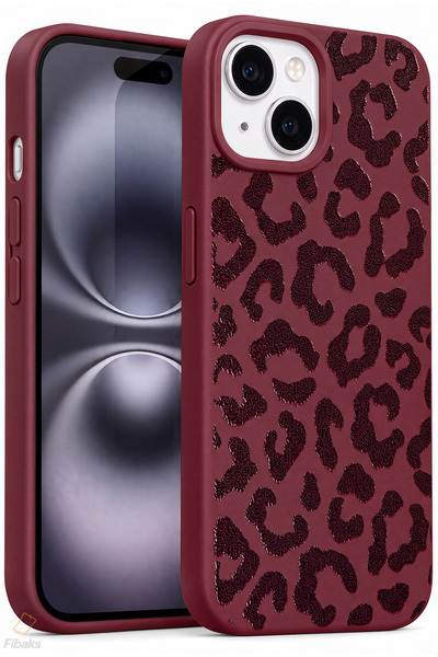 Fibaks iPhone 13/14/15 Kılıf Bordo Leopar Desenli Darbe Emici Kamera Korumalı...