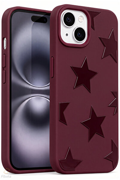 Fibaks iPhone 13/14/15 Kılıf Bordo Kabartmalı Star Yıldız Desenli Kadifemsi Y...
