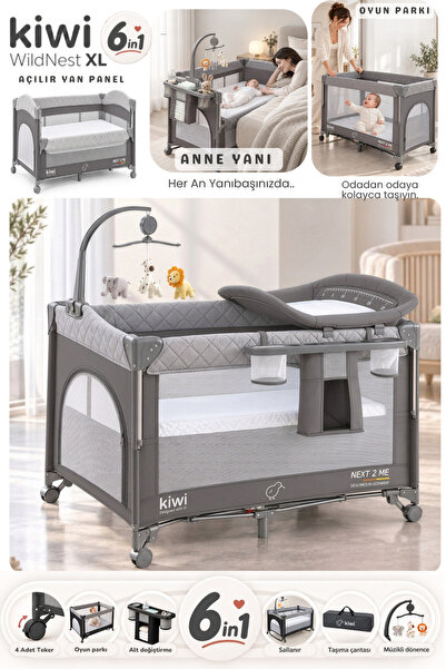 Kiwi Wild 3in1 Anne Yanı Park Yatak Katlanır Beşik, Tekerlekli, Yan Açılır, M...