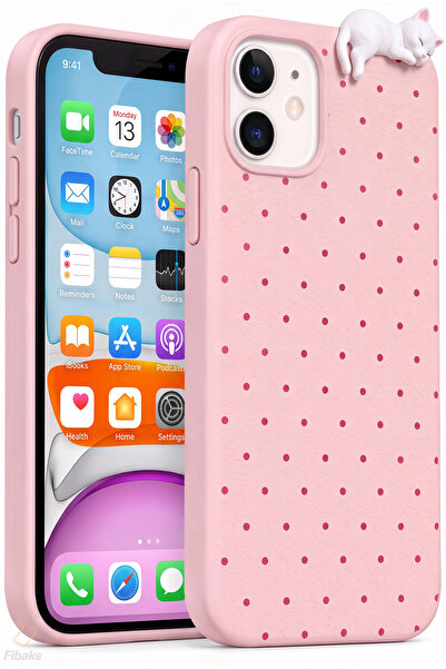 Fibaks iPhone 12 / 12 Pro Kılıf 3D Kedi Pembe Puantiye Noktalı Figürlü Kamera...