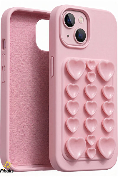 Fibaks iPhone 13/14/15 Kılıf Kendinden Vakumlu İçi Kadife Kalp Desenli Soft S...