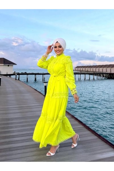 Moda Nurhan Sarı Dantel İthal Elbise