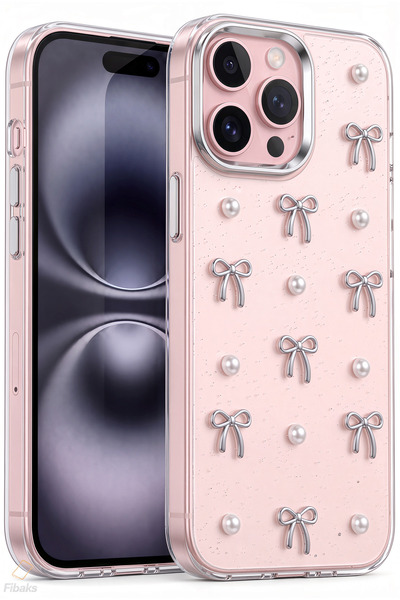 Fibaks iPhone 14 Pro Max Kılıf Fiyonk Desenli Şeffaf Simli Gümüş Kamera Çıkın...