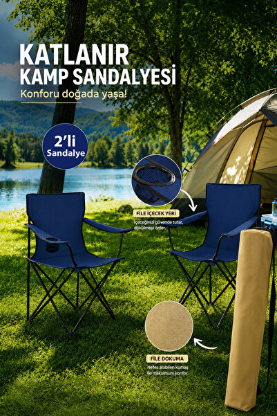 Walke 2 Li Katlanabilir Kamp Sandalyesi Piknik Sandalyesi Plaj Sandalyesi Mav...