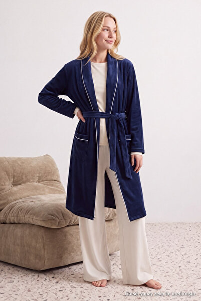 Trendyol Collection Navy Belted Piped Pocketed Velvet Knit Robe THMAW25SB00018