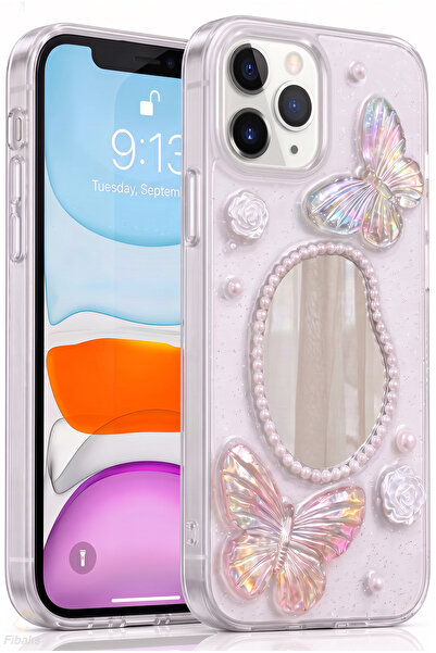 Fibaks iPhone 11 Pro Max Kılıf 3D Kelebek Gül Desenli Aynalı Simli Şeffaf Tas...