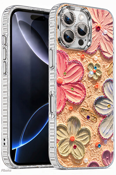 Fibaks iPhone 16 Pro Max Kılıf Renk Değiştiren Taşlı Kamera Lens Korumalı Par...