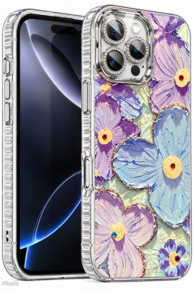 Fibaks iPhone 16 Pro Max Kılıf Renk Değiştiren Taşlı Kamera Lens Korumalı Mav...