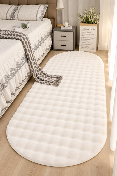 Raschel Carpet Krem Yumuşak Bubble Kaymaz Özel Taban Oval Peluş Halı Yolluk