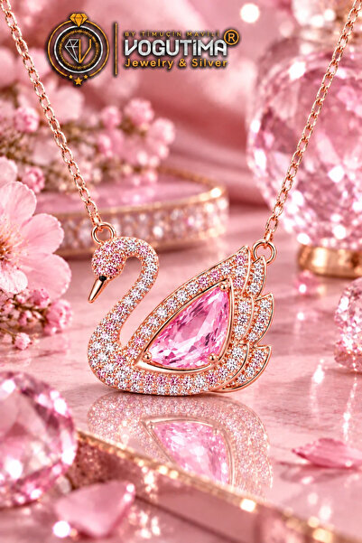 vogutima Kadın Gümüş Kolye - Swan Kuğu Model Pembe Zirkon Taş İşlemeli 925 Ay...