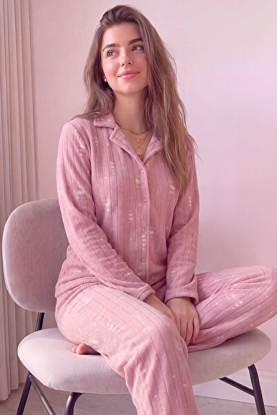 Pijamaevi Pudra Kalp Desenli Önden Düğmeli Peluş Polar Pijama Takımı