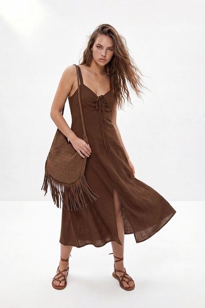 Trendyol Collection Dark Brown 100% Cotton A-Line/A Bell-Shape Maxi Woven Dre...
