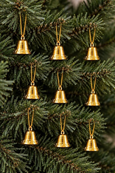 Huzur Party Store Christmas Pine Tree Bell Ornament Gold Stringed 9-Piece Set...