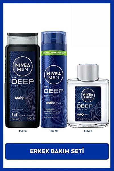 NIVEA MEN Erkek Deep Dimension Duş Jeli 500ml, Tıraş Jeli 200ml ve Tıraş Sonr...