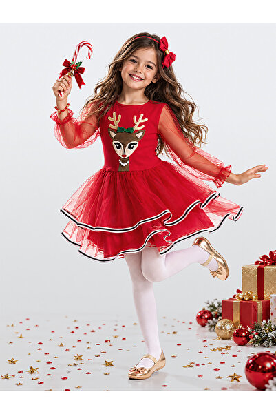 Denokids Kız Çocuk Yılbaşı Geyik Tüllü Kırmızı Kostüm Elbise – 2-8 Yaş
