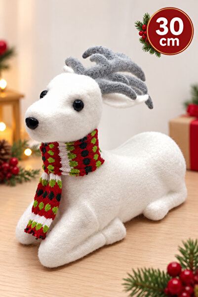 Huzur Party Store White Colored Large Sitting Deer 30X22 cm Christmas New Yea...