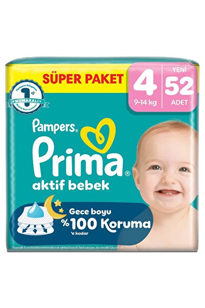 Prima Bebek Bezi Aktif Bebek Süper Paket 4 Beden 52 Adet