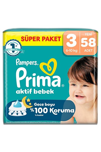 Prima Bebek Bezi Aktif Bebek Süper Paket 3 Beden 58 Adet
