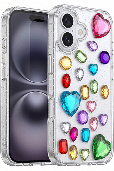 Fibaks iPhone 16 Kılıf Bedazzling 3D Renkli Kristal Görünümlü Taşlı Kalpli Si...
