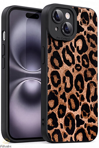Fibaks iPhone 15 Kılıf Mat Sarı Leopar Desenli Darbe Emici Kamera Korumalı Yu...