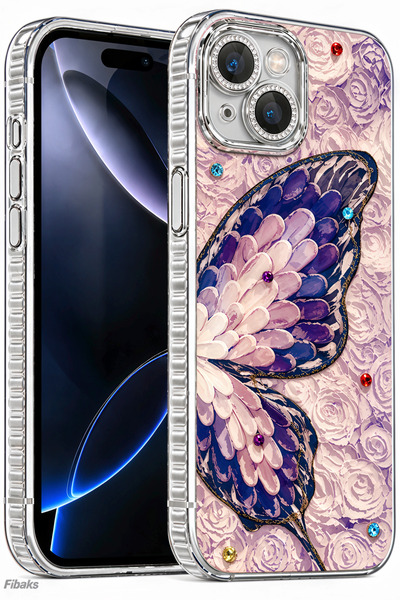 Fibaks iPhone 15 Kılıf Renk Geçişli Taşlı Kamera Lens Korumalı Simli Mor Kele...