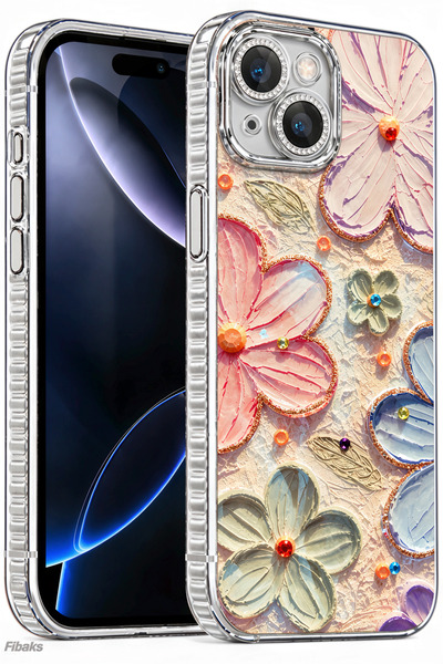 Fibaks iPhone 13 Kılıf Renk Değiştiren Taşlı Kamera Lens Korumalı Pembe Çiçek...
