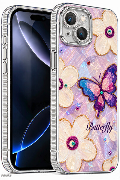 Fibaks iPhone 13 Kılıf Renk Geçişli Taşlı Kamera Lens Korumalı Simli Butterfl...
