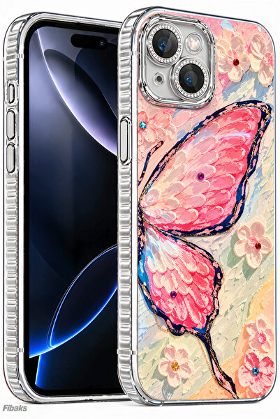 Fibaks iPhone 13 Kılıf Renk Geçişli Taşlı Kamera Lens Korumalı Pembe Kelebek ...