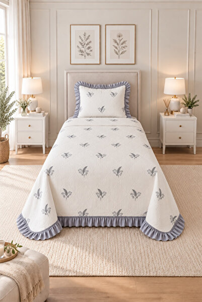 Çeyiz Diyarı Ruffle Artemis Embroidered Chenille 2-Piece Single Bedspread Gray