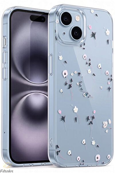 Fibaks iPhone 13/14/15 Kılıf Şeffaf Renkli Çiçek Desenli Esnek Yumuşak Siliko...