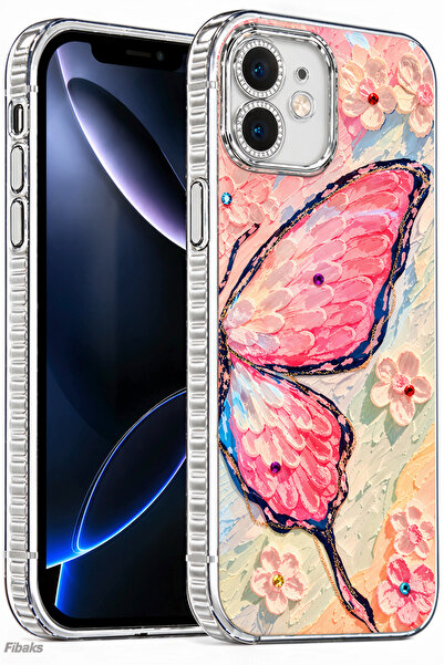 Fibaks iPhone 11 Kılıf Renk Geçişli Taşlı Kamera Lens Korumalı Simli Pembe Ke...