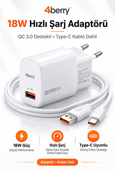 4 Berry AM18 ECO Bundle 18W Hızlı Şarj Cihazı + Micro USB Kablo , QC 3.0 Dest...