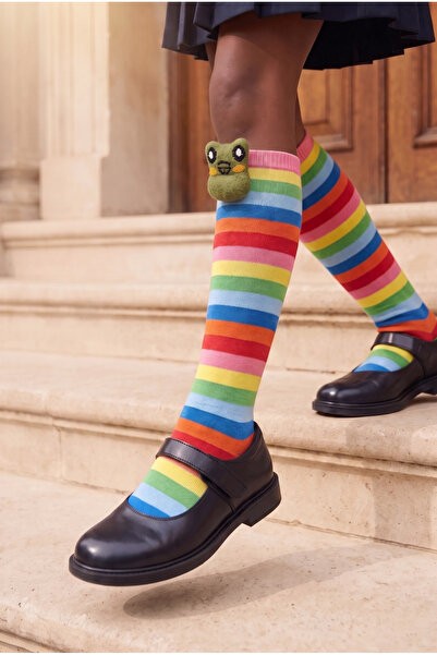 Katia&Bony Kız Çocuk Colored Frog Desenli Dizaltı Okul Çorabı