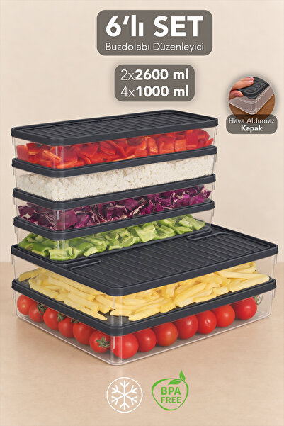 Meleni Home 6'lı Buzdolabı Organizer Set - Sızdırmaz Kapak Saklama Kabı Difri...