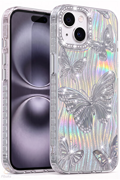 Fibaks iPhone 13/14/15 Kılıf Hologramlı Taşlı Simli Kelebek Desenli Darbe Emi...