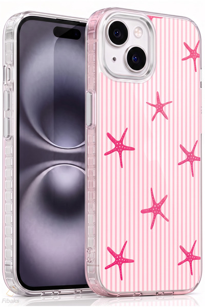 Fibaks iPhone 13/14/15 Kılıf Pembe Çizgili Deniz Yıldızı Desenli Şeffaf Silik...