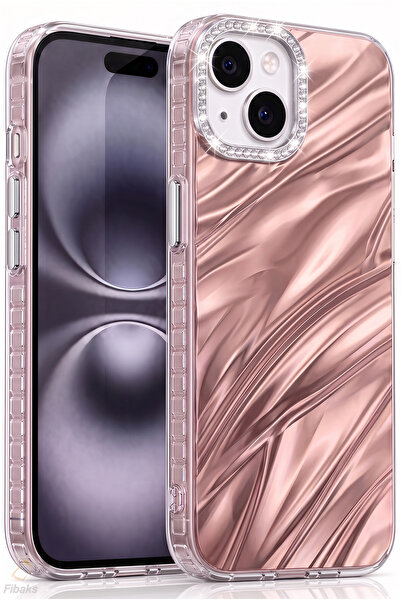 Fibaks iPhone 13 /14/15 Kılıf Taşlı Parlak Dalga Desenli Kamera Çerçeveli Dar...