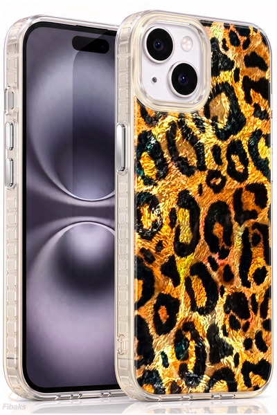 Fibaks iPhone 13/14/15 Kılıf Hologramlı Kahverengi Leopar Desenli Darbe Emici...