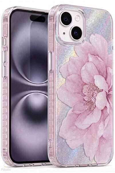 Fibaks iPhone 13/14/15 Kılıf Hologramlı Mor Şakayık Çiçeği Desenli Darbe Emic...