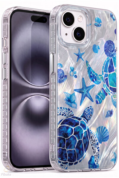 Fibaks iPhone 13/14/15 Kılıf Hologramlı Mavi Caretta Kaplumbağa Desenli Darbe...