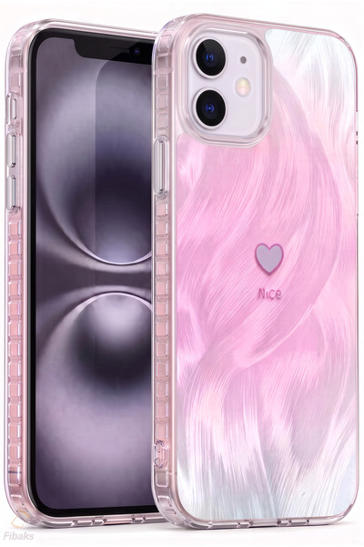 Fibaks iPhone 12 / 12 Pro Kılıf Hologramlı Pembe Işıltı Minik Kalp Dalga Dese...