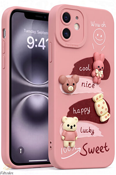 Fibaks iPhone 12 Kılıf Tasarımlı Desenli Kamera Korumalı Tavşan Pembe Yumuşak...