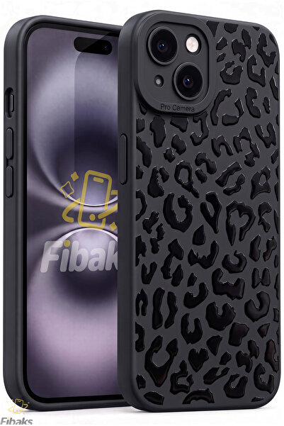 Fibaks iPhone 15 Kılıf Mat Siyah Hologramlı Leopar Desenli Kamera Korumalı Yu...