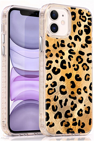 Fibaks iPhone 11 Kılıf Hologramlı Kahverengi Leopar Desenli Darbe Emici Kamer...
