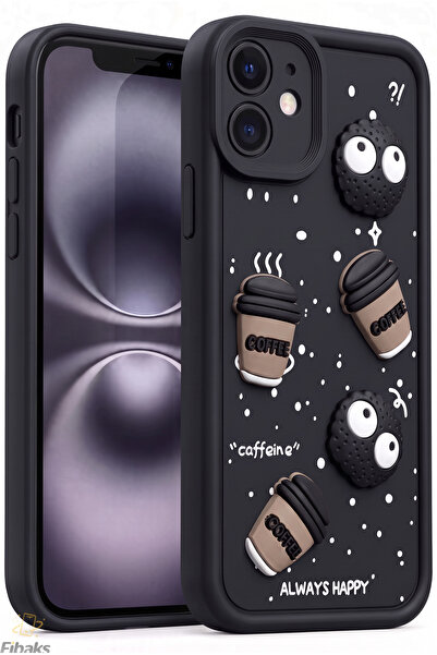 Fibaks iPhone 12 Kılıf Tasarımlı Desenli Kamera Korumalı Coffee Kurabiye Siya...