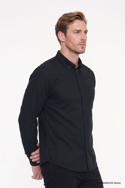 AC&Co / Altınyıldız Classics Erkek Siyah Kolay Ütülenebilen %100 Pamuk Nefes Alabilen Terletmez Slim Fit Gömlek