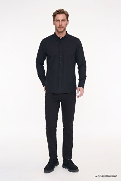 AC&Co / Altınyıldız Classics Erkek Siyah Kolay Ütülenebilen %100 Pamuk Nefes Alabilen Terletmez Slim Fit Gömlek
