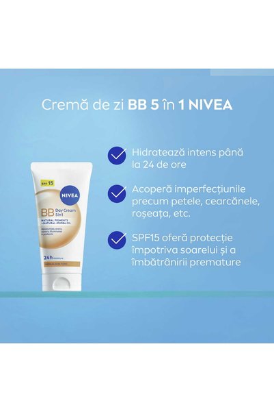 NIVEA BB Cream 5 în 1 Cremă de zi, Nuanță medie, SPF 15, 50 ml