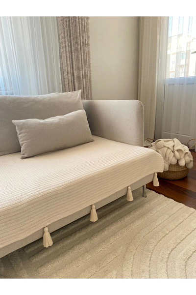 Genel Markalar Püsküllü Şal Model Koltuk Örtüsü Bej 230x100 | %100 Pamuk Örme...
