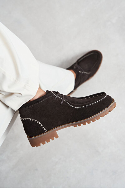 NİŞANTAŞI SHOES Nila Bitter Brown Genuine Suede Leather Lace Detail Serrated ...
